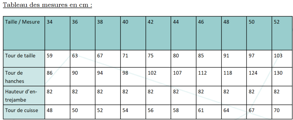 Tableau de mesure jupes et pantalons